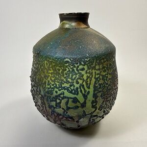 Raku pottery case fat lava Irredescent green blue  artist signed Larry Aguilar